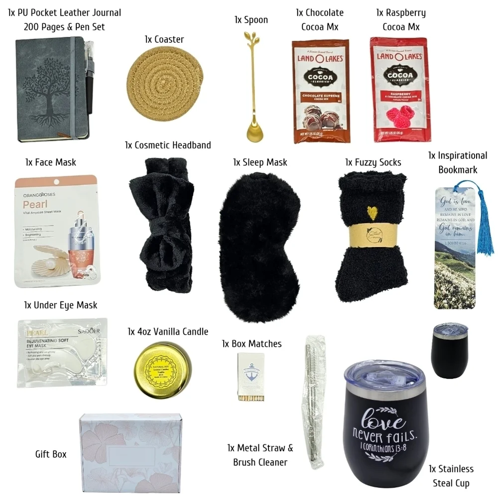Blissful Indulgence Inspirational Gift Box Love Never Fails Black Stainless Cup